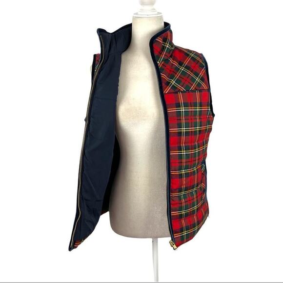 J. Crew Tartan Plaid Mountain Puffer Velvet Trim Vest Red Green Size Small H2712 - Picture 13 of 15